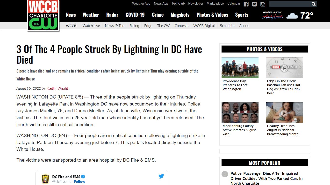 3 Of The 4 People Struck By Lightning In DC Have Died